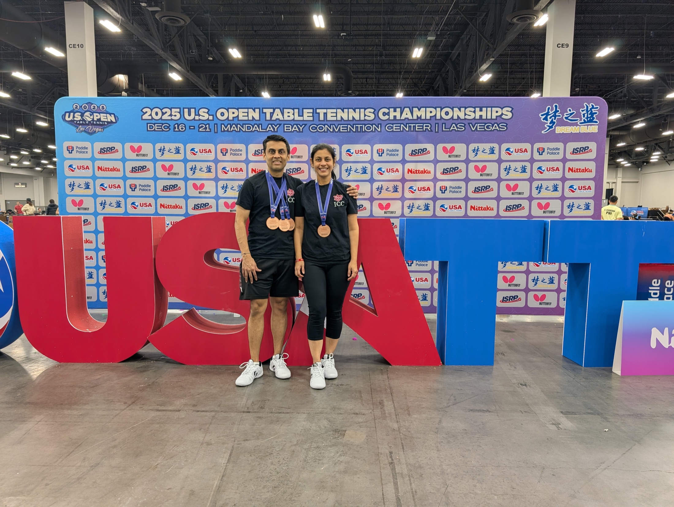 Srini Venkataramani and Disha Srinivasan at the 2025 U.S. Open Table Tennis Championships